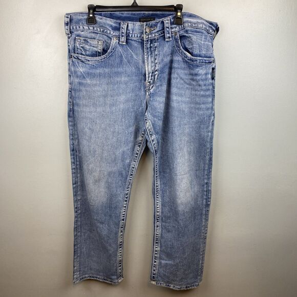 Silver Jeans Eddie 36 x 30 Light Stone Wash Stretch Blue Jeans Embroidered